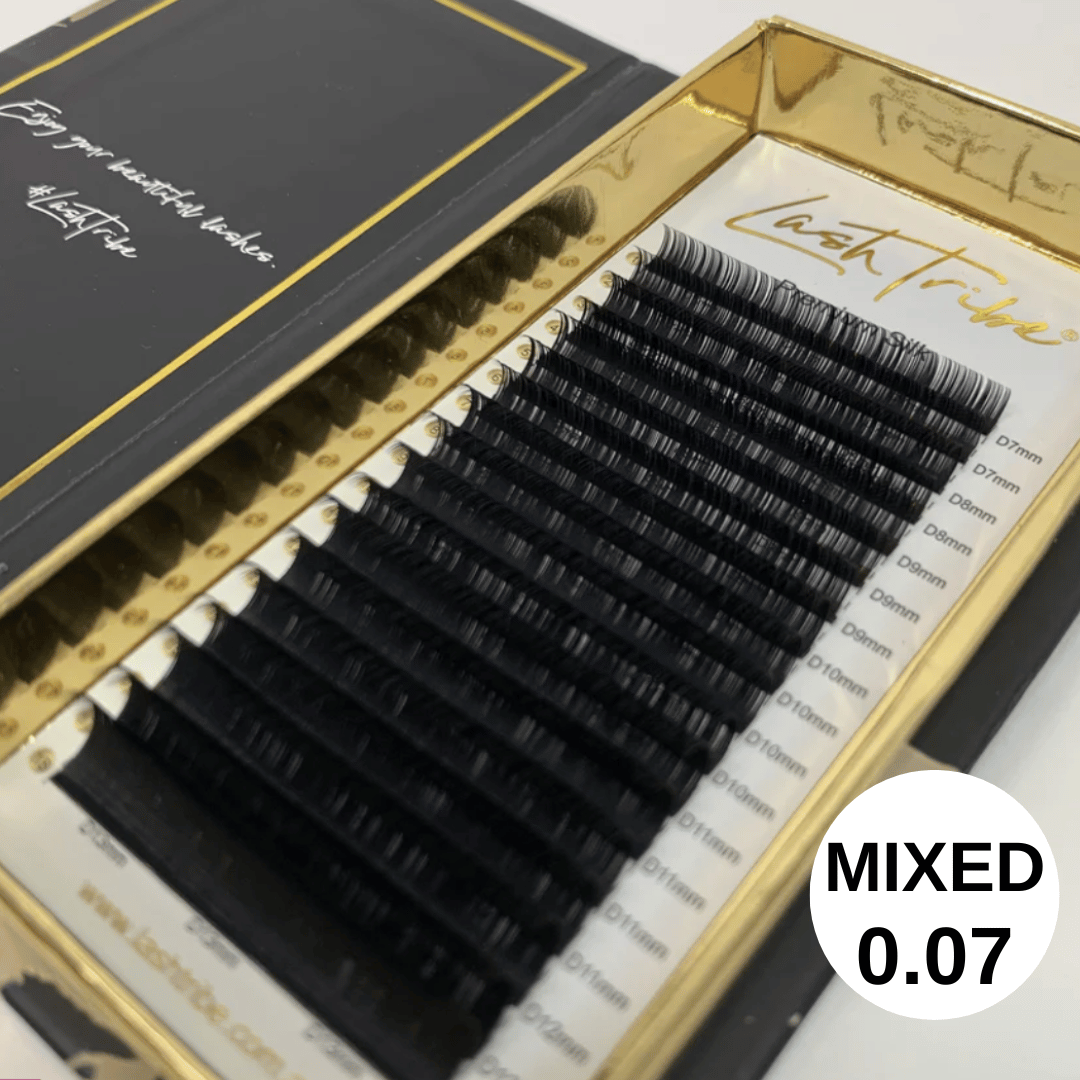 A box of Lash Tribe 0.07 Russian Volume Lashes | Mixed Tray | Premium Silk | Ultra Black in a black box.
