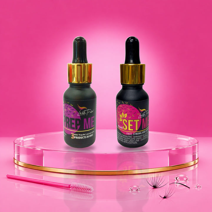 Lash Tribe Retention Hero Bundle with Prep Me lash primer and Set Me superbonder bottles on a pink podium