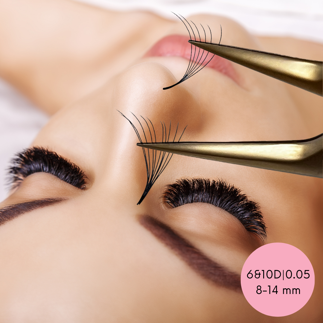 A woman is getting her lashes done with Speed Volume Fans | Instant Setup Promade Volume Fans Bundle by Lash Tribe.