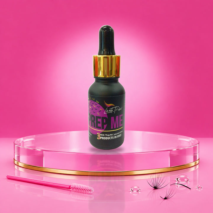 Lash Tribe Prep Me 3 in 1 lash primer for eyelash extensions, 15 ml dropper bottle on a pink podium