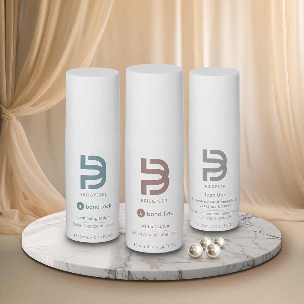 The Brik & Pearl system: Bond Flex Step 1, Bond Lock Step 2 and Lash Life Volume Filler