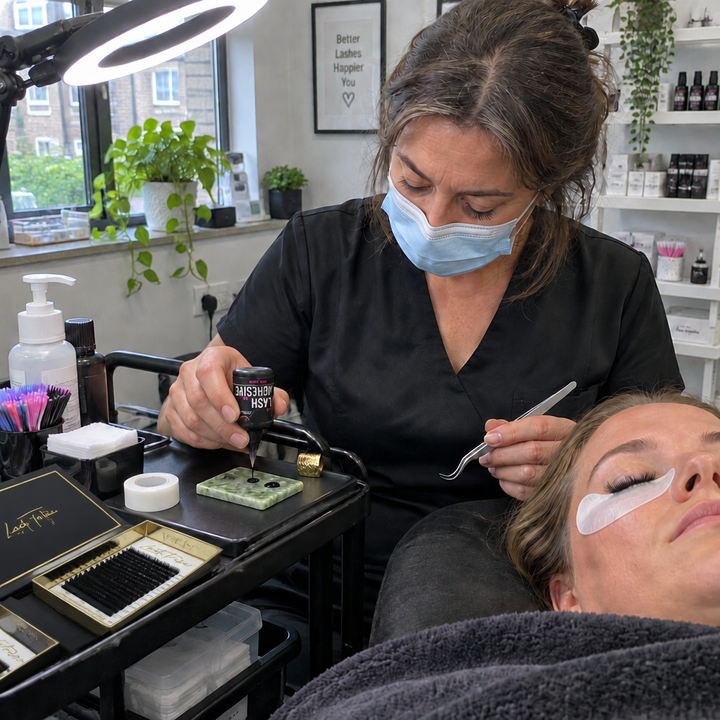 Lash artist using Lash Tribe Rapid Black lash glue during an eyelash extension appointment