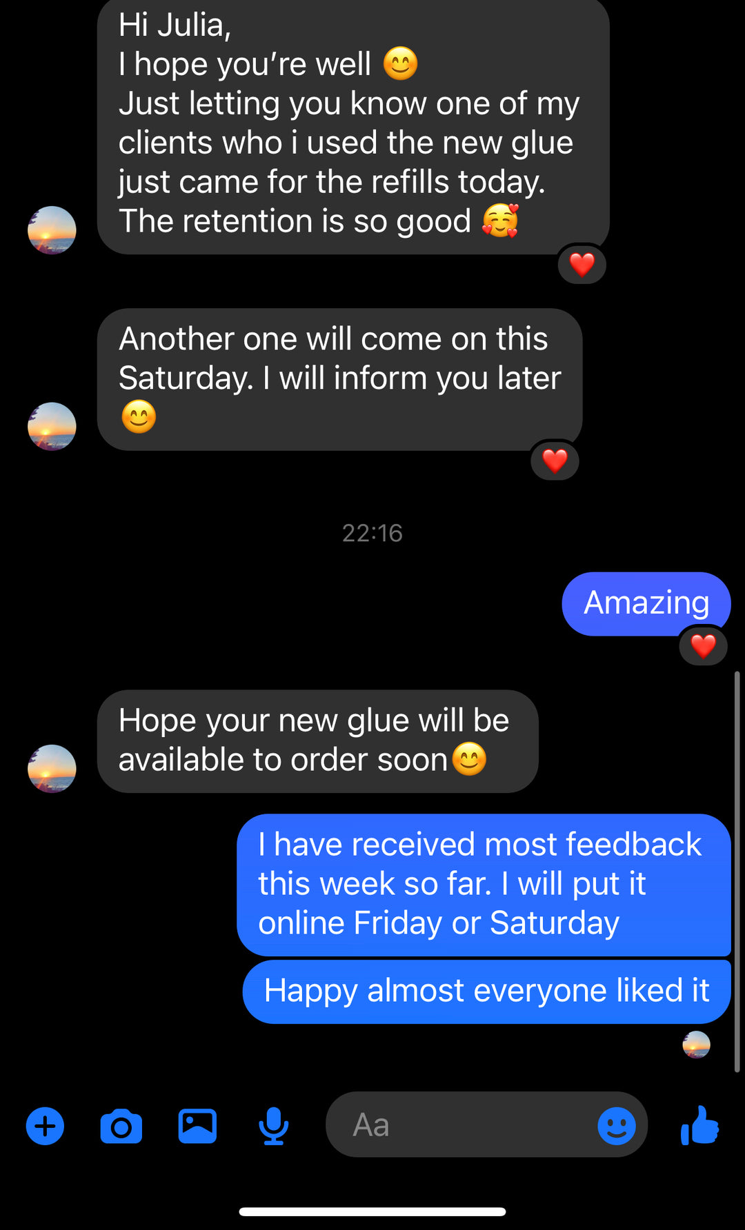 Chat screenshots show two people discussing "Gold Class 0.3 Seconds Ultra Speed Adhesive" by Lash Tribe, focusing on its fast-setting and oil-resistant features. Smileys and a heart emoji are used. Timestamps included for feedback and future availability conversation with a black background.