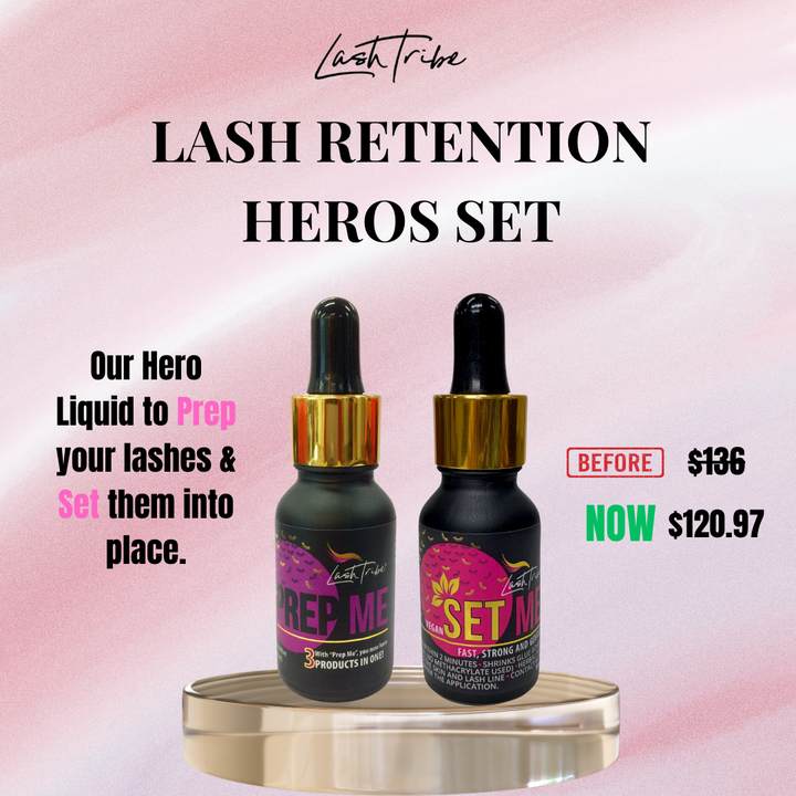 Two bottles labeled "PREP ME" and "SET ME" from the RETENTION HERO BUNDLE | Prep Me &amp; Set Me Superbonder by Lash Tribe are shown. The Vegan Set Me, part of this collection originally priced at $136, is now available for $120.97. Perfect for those seeking lash glue curing and enhanced retention with Superbonder for Eyelash Extensions.