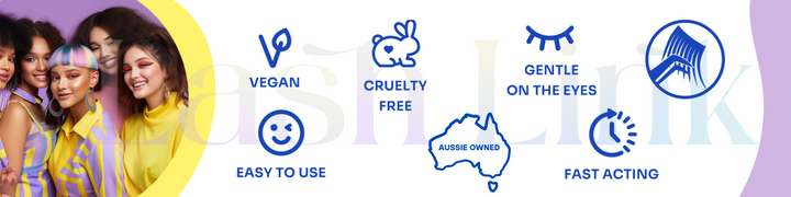 A group of five smiling individuals in colorful outfits showcases the Lash Link DIY Eyelash Extension Kit: vegan, cruelty-free, easy to use, Aussie owned, gentle, and fast-acting—ideal for mastering eyelash extensions from your home studio.