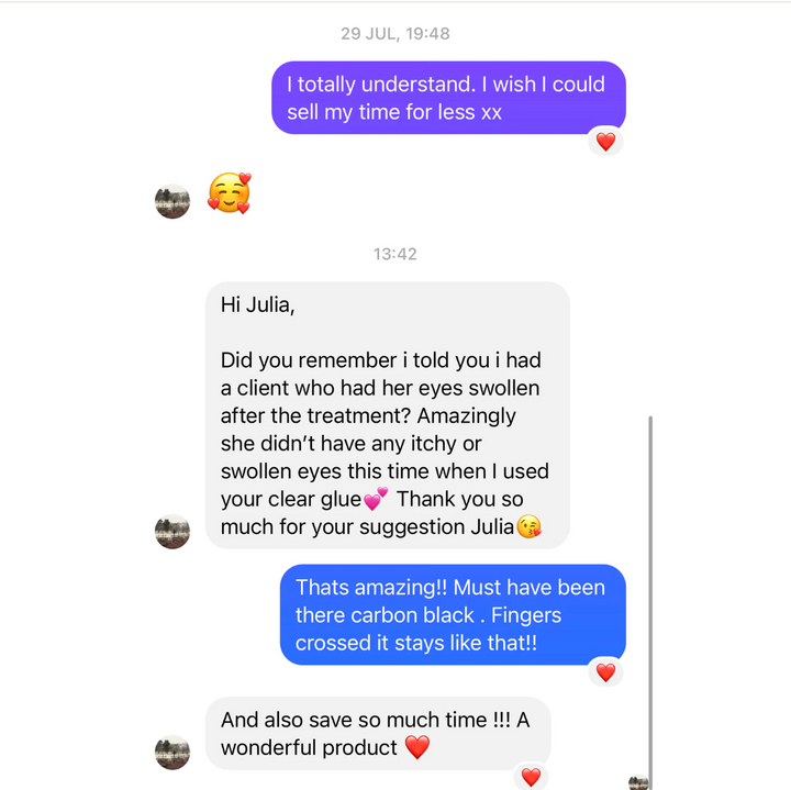 a screenshot of a text message between a man and a woman featuring the Eyelash Adhesive Bundle by Lash Tribe™️.