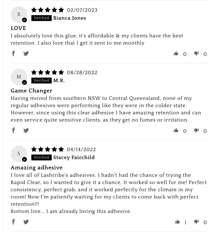 a screenshot of a customer review on a lash tribe phone screen for the Eyelash Adhesive Bundle | 3 Lash Tribe™️ Lash Glues for Eyelash Extensions.