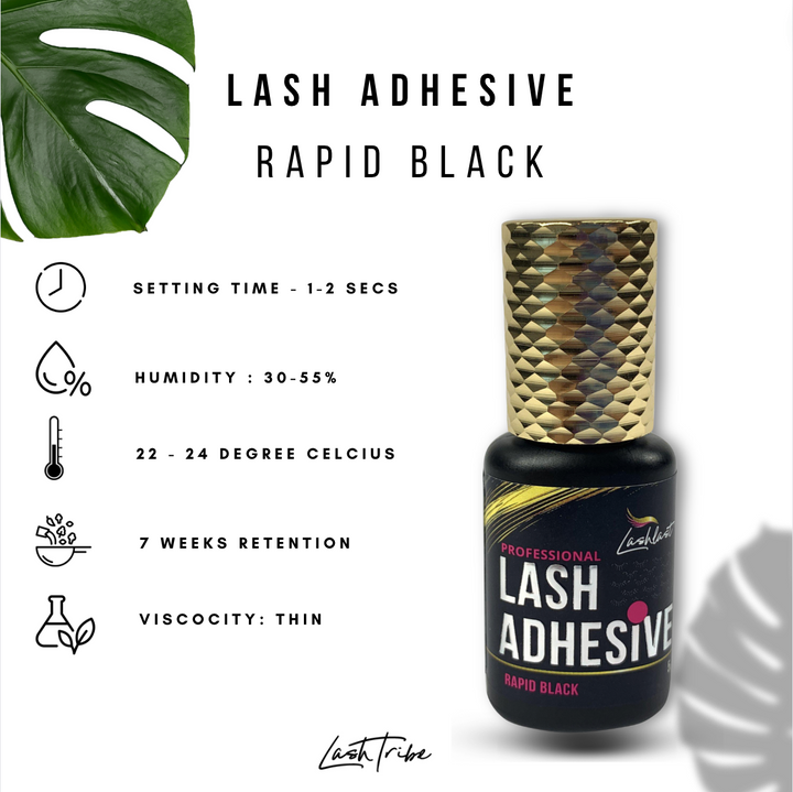 Image of a bottle from the Lash Glue Bundle by Lash Tribe, designed for eyelash extensions. It sets in 1-2 seconds, works best at 30-55% humidity and 22-24°C temperature, offers up to 7 weeks retention, and has thin viscosity. Perfect as a lash glue for lasting results.