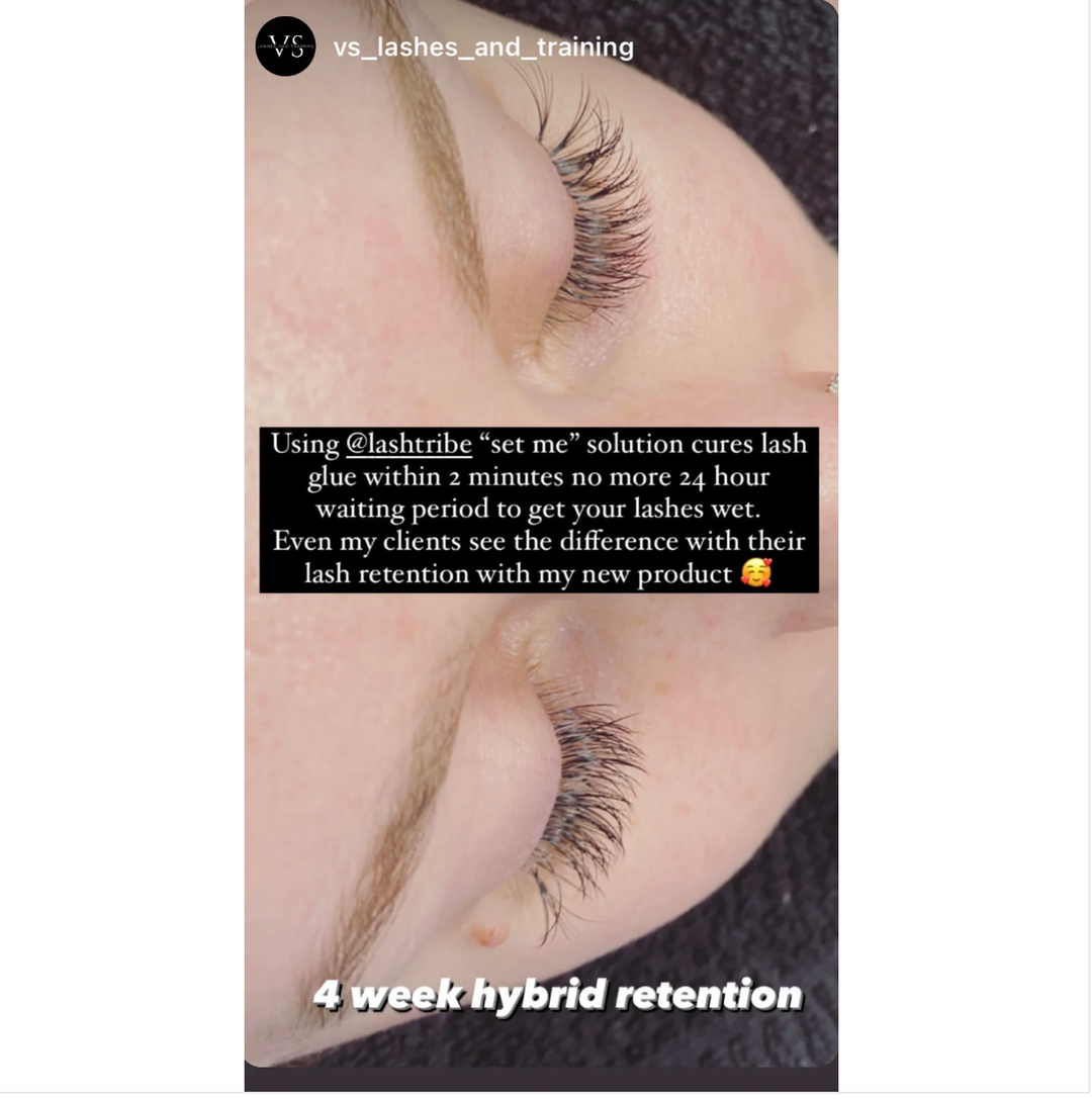 A photo of a woman with long lashes using the RETENTION HERO BUNDLE | Prep Me &amp; Set Me Superbonder by Lash Tribe.