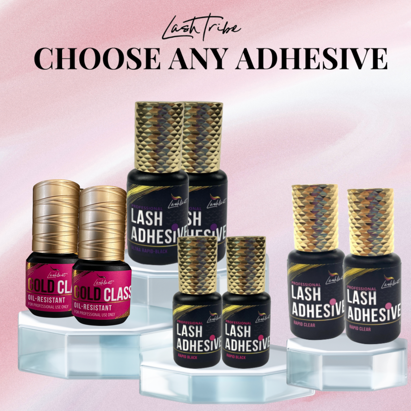 Elegantly displayed on clear stands, the Lash Glue Bundle by Lash Tribe offers a selection of their eyelash extensions adhesives, inviting you to choose any adhesive.