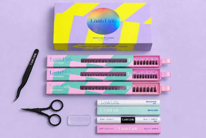 Lash Link DIY lash kit with three Iris ribbons, kit box, remover, Bond It and Seal It, tweezers, scissors and clear silicone pad