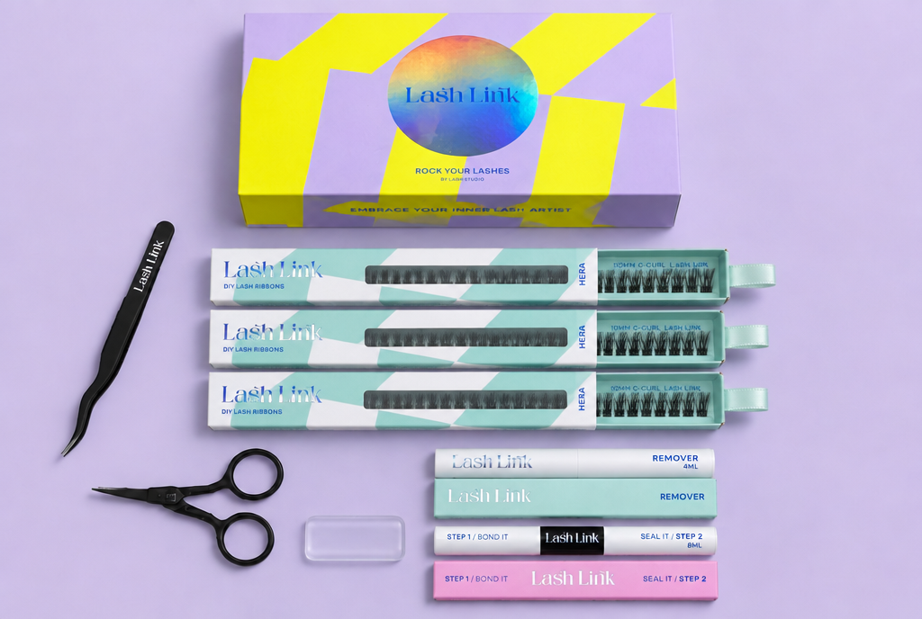 Lash Link DIY lash kit with three Hera ribbons, kit box, remover, Bond It and Seal It, tweezers, scissors and clear silicone pad