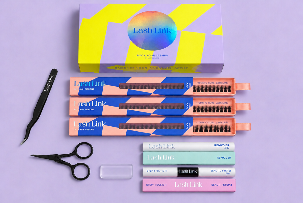 Lash Link DIY lash kit with three NYX ribbons, kit box, remover, Bond It and Seal It, tweezers, scissors and clear silicone pad