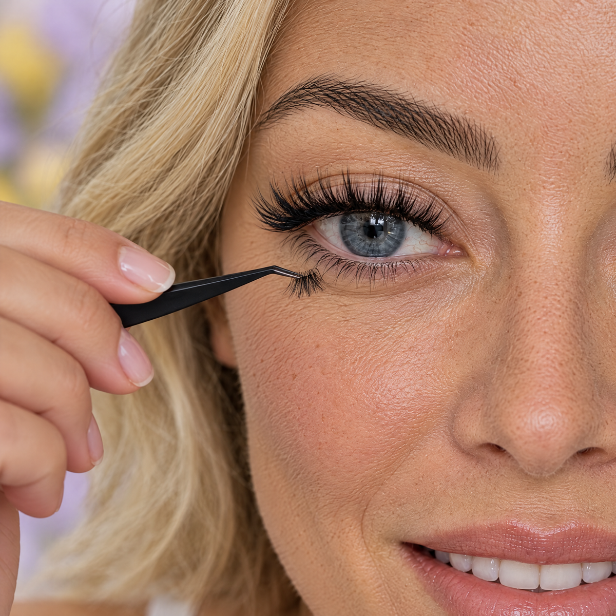 Woman applying a Lash Link lash segment underneath her natural lashes with the applicator tweezer