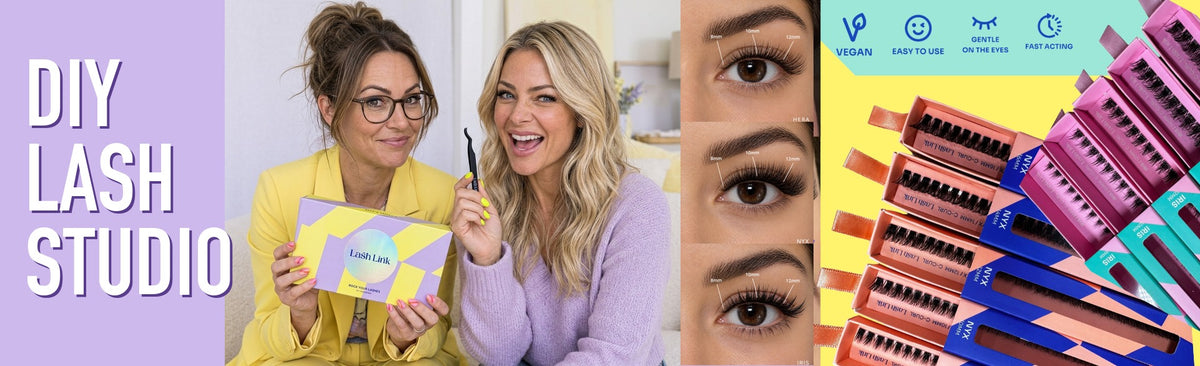 DIY Lash Studio banner: two women with the Lash Link kit box and applicator, Lash Link ribbons and icons