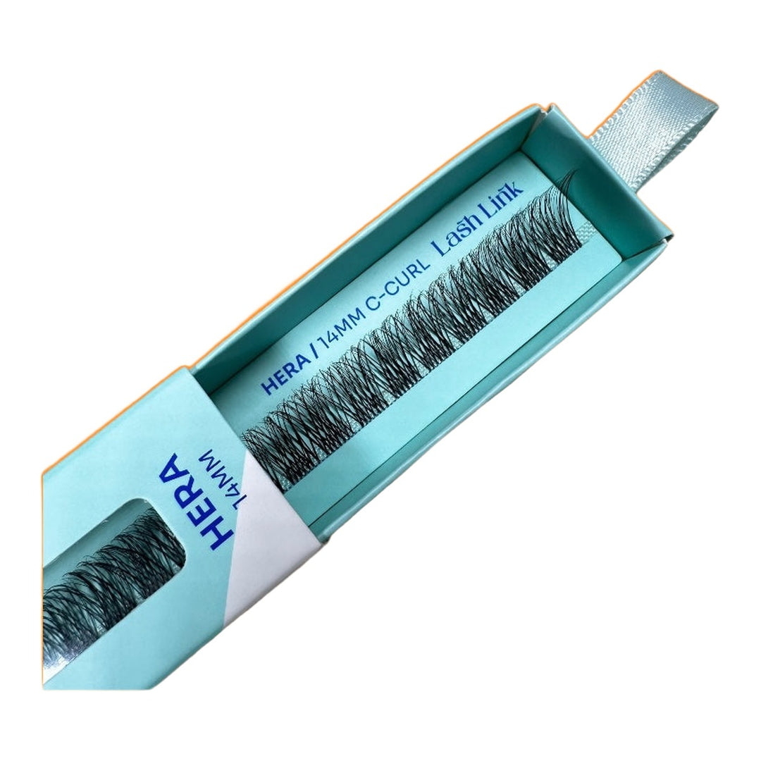 Open box of Hera light volume Lash Link lash ribbon, 14mm C curl, on a white background