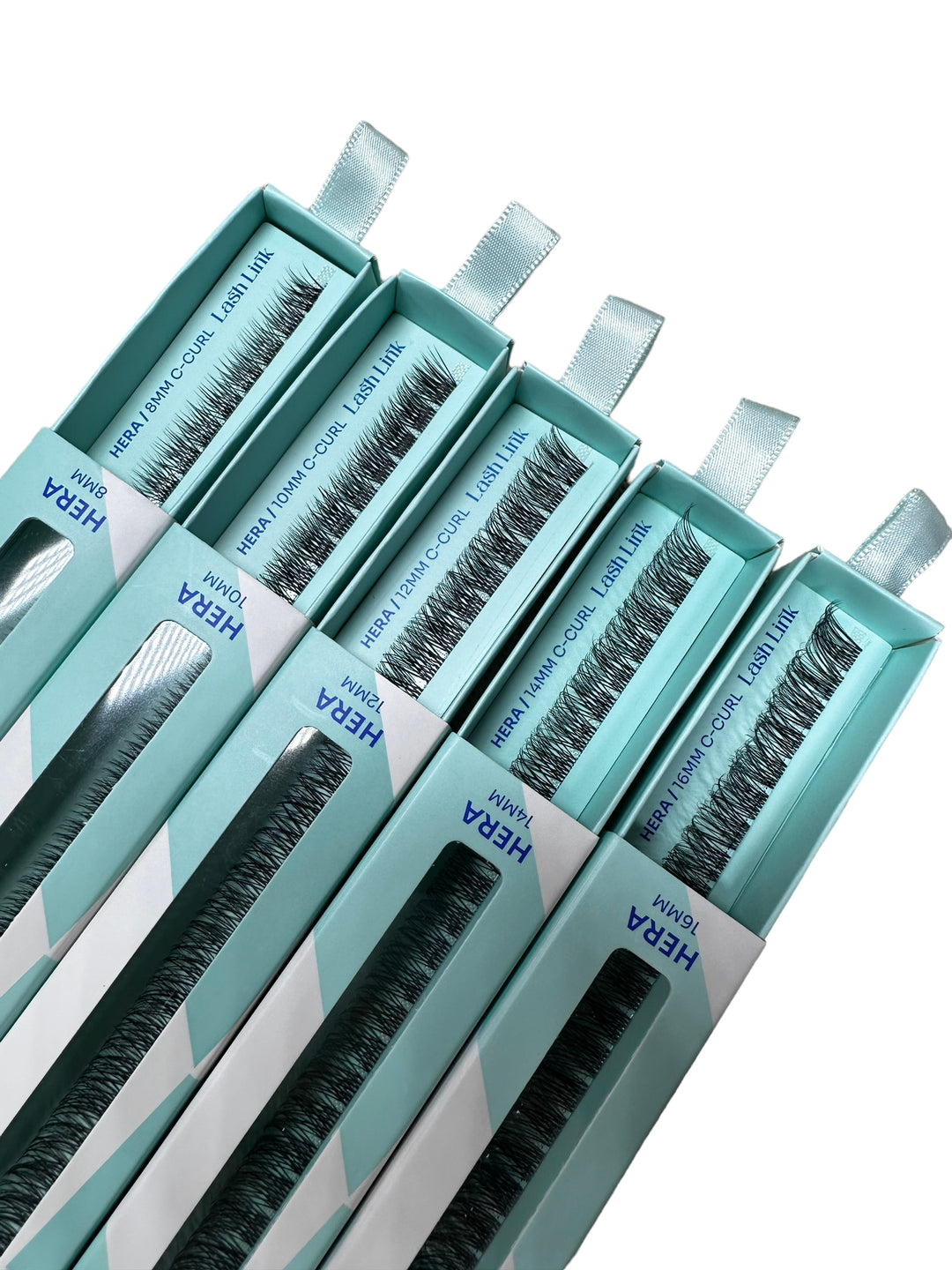 Five teal boxes of Lash Link&