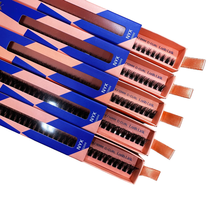 Six packs of Lash Link false eyelashes named "FULL VOLUME" from NYX, in pink and blue packaging with clear windows displaying the Lash Extensions Ribbon.