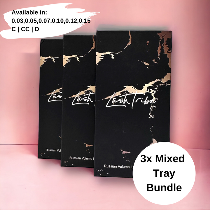 A Lash Tribe Mixed Lash Tray Bundle featuring ultra-black lashes with varying lash thickness.
