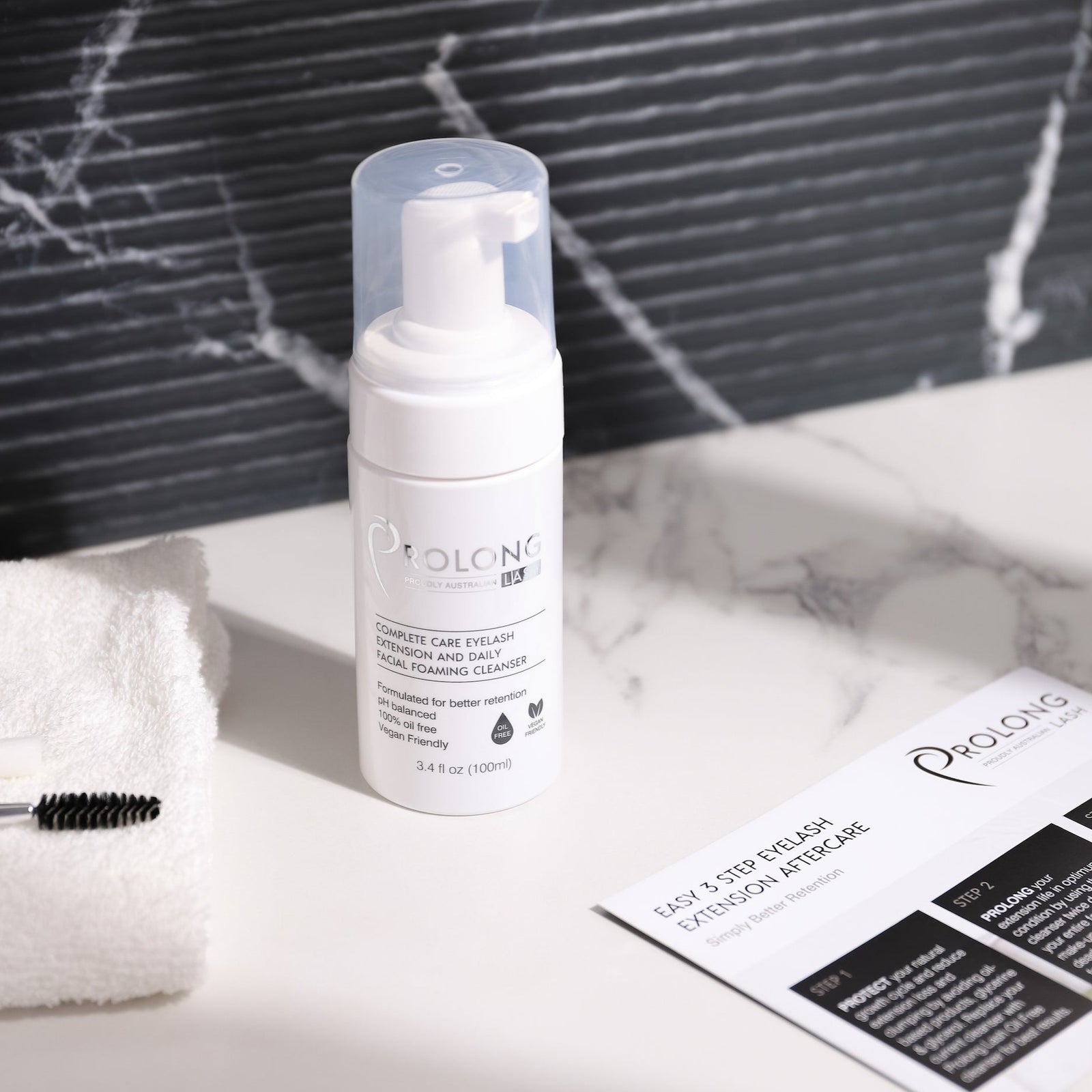 prolong foaming lash cleanser 100ml on a bathroom bench