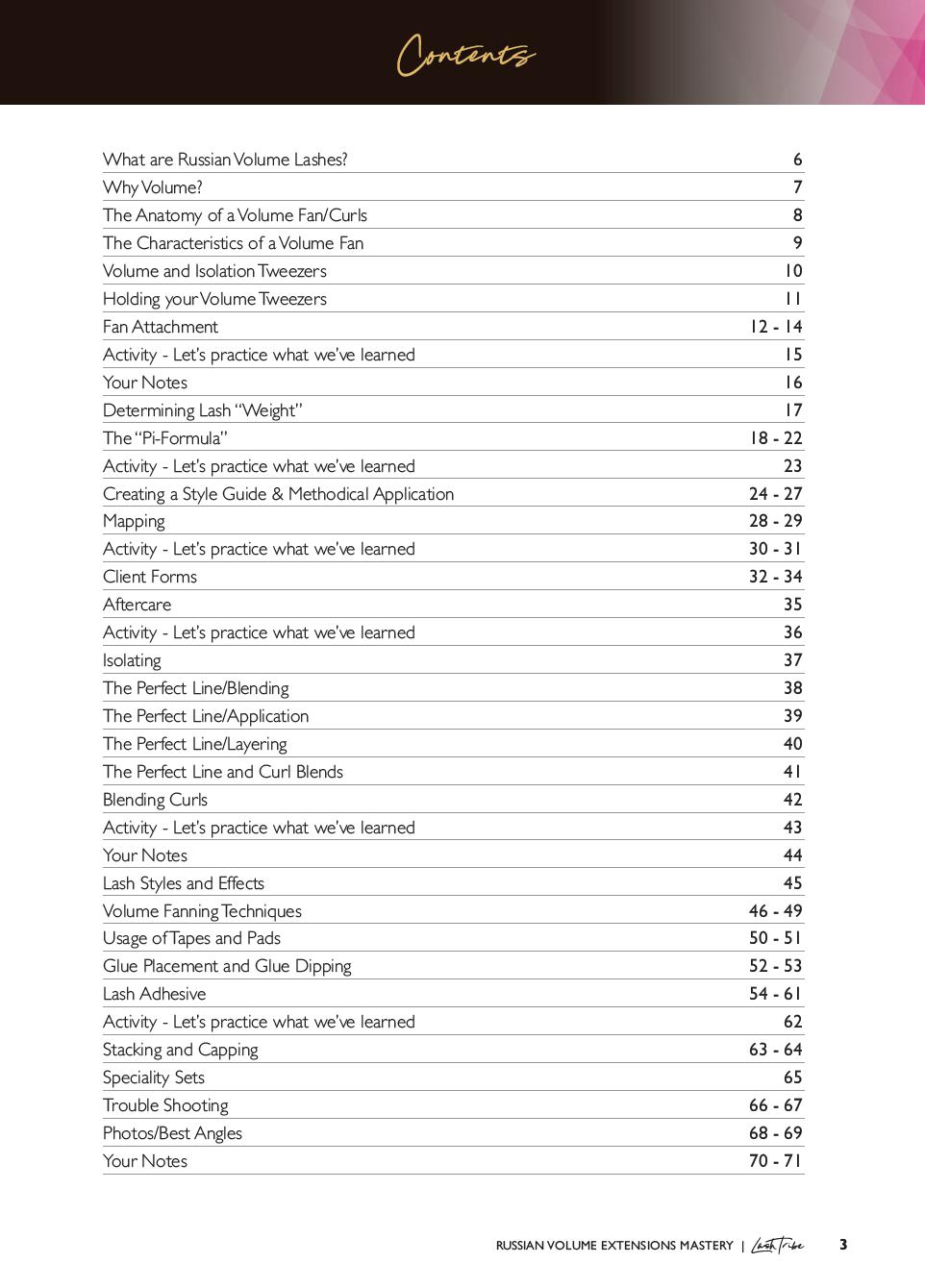 a table with a Russian Volume Eyelash Extensions Manual (E-book) from Lash Tribe.