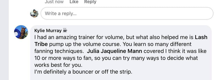 a screenshot of a Facebook page showing a message from Lash Tribe&