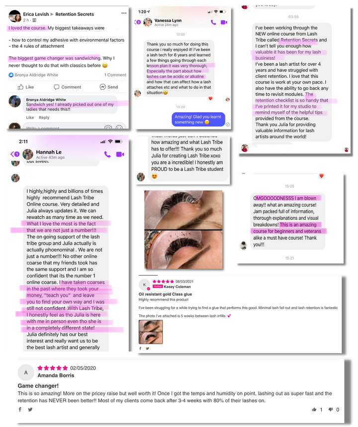 A screenshot of a conversation between a woman and a man discussing the Lash Retention Online Course offered by Lash Tribe.
