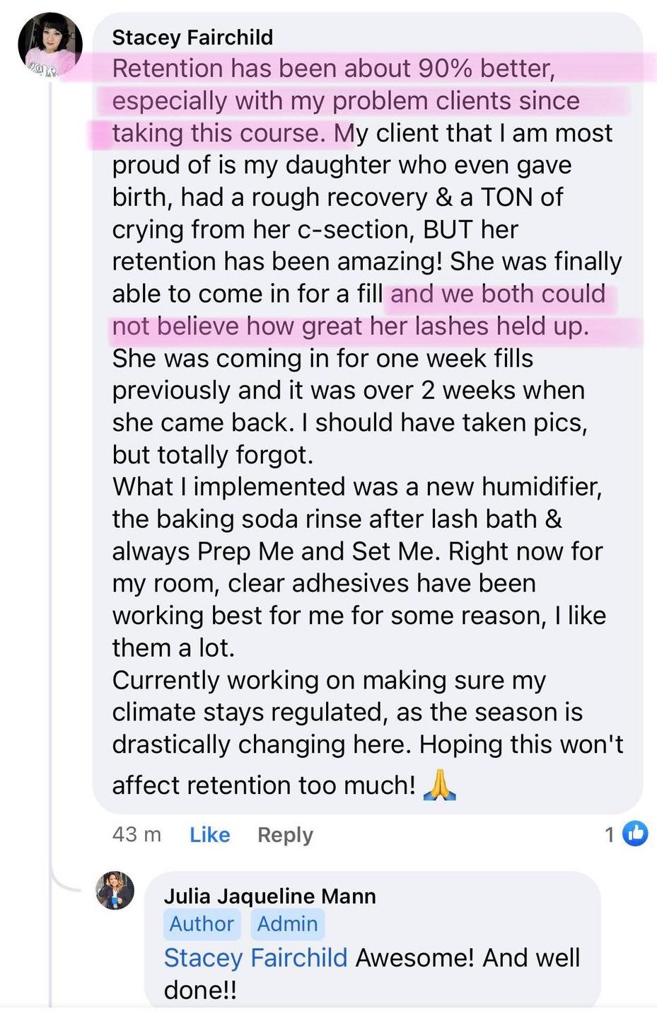 A screenshot of a text message from a customer enrolled in the Lash Retention Online Course by Lash Tribe, discussing Retention Secrets.