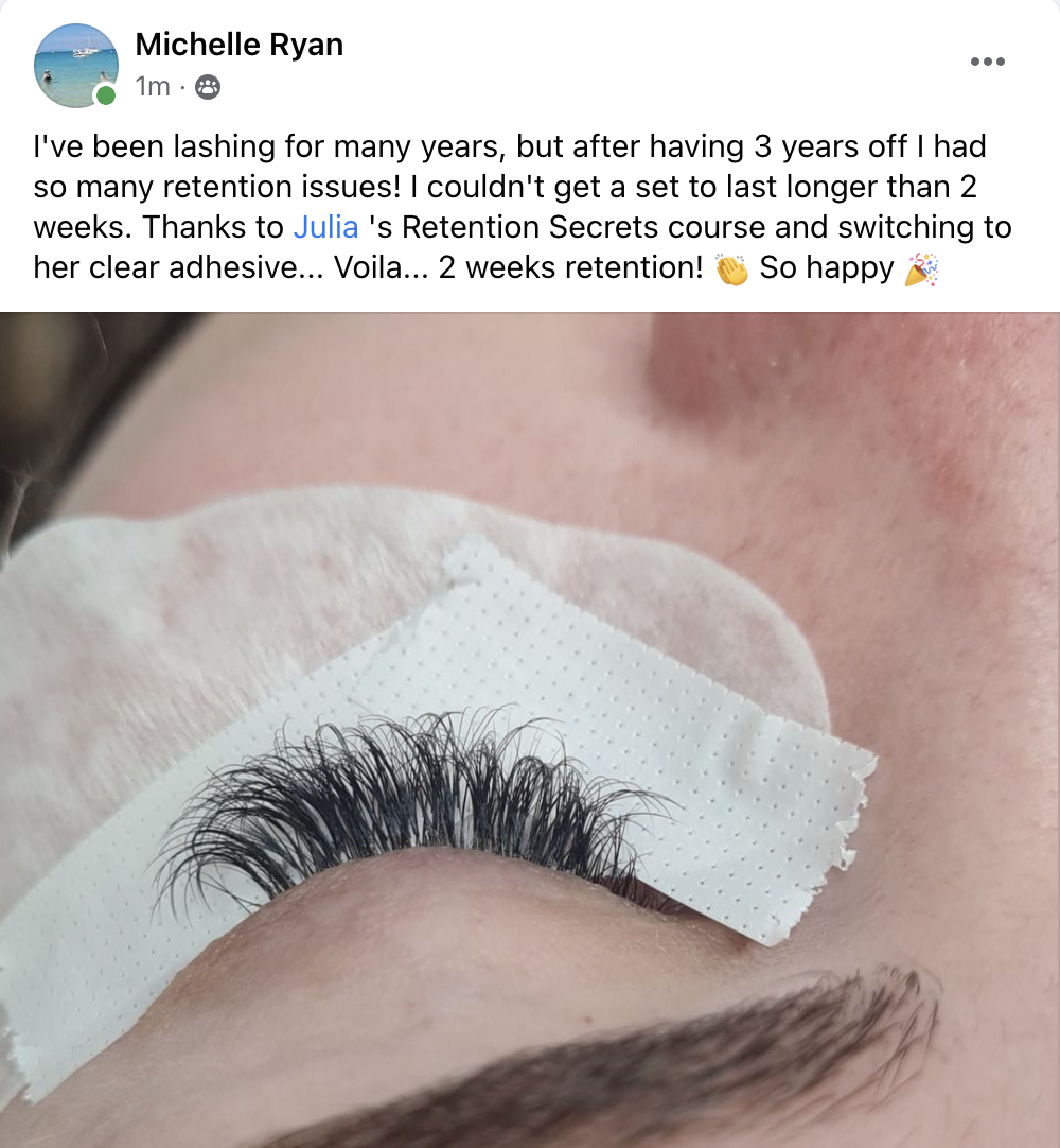A photo of a woman with Lash Retention Online Course | NALA accredited | Lash Tribe lashes on her face.