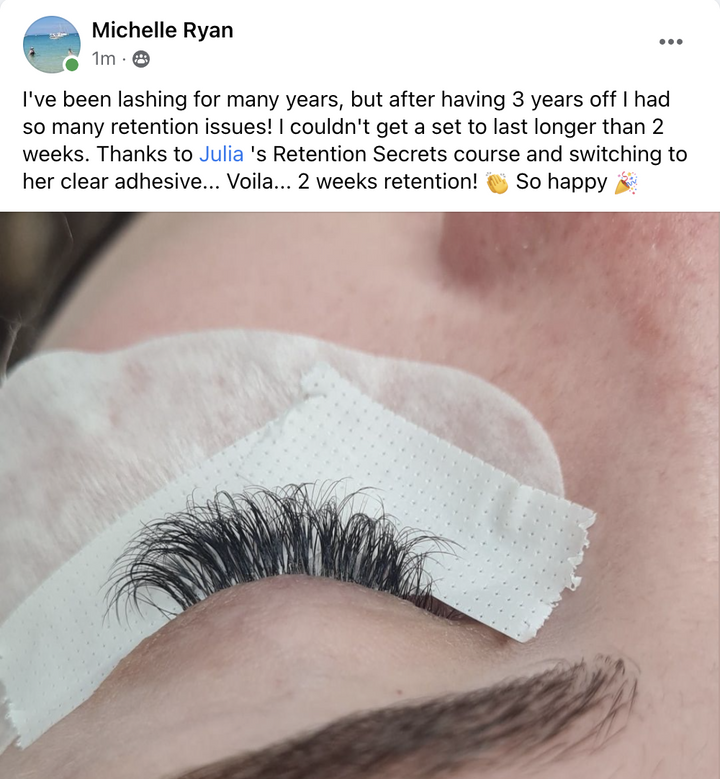 A photo of a woman with Lash Retention Online Course | NALA accredited | Lash Tribe lashes on her face.