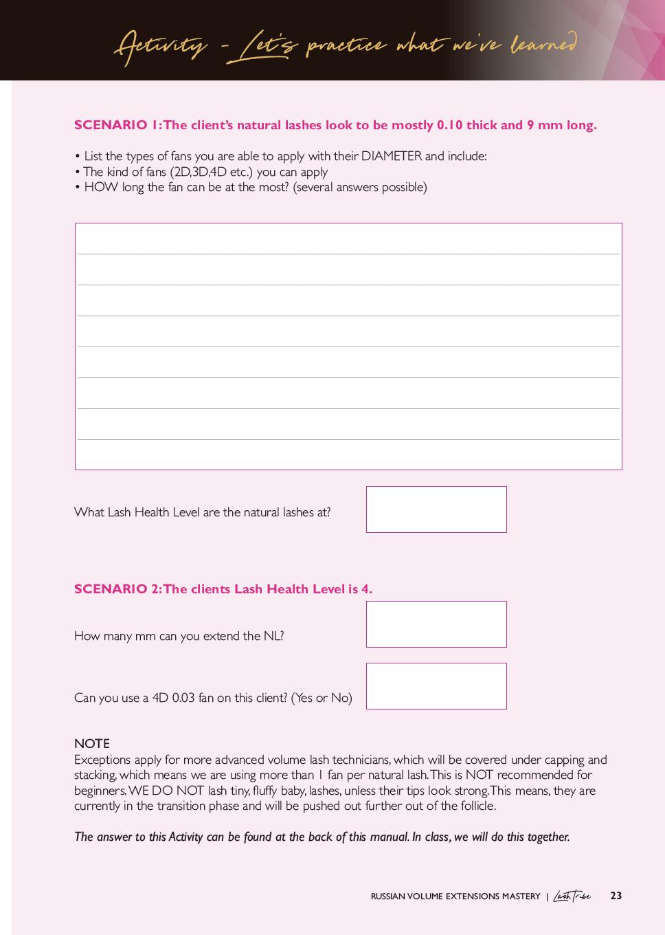 a Russian Volume Eyelash Extensions Manual (E-book) with a Lash Tribe pink background.