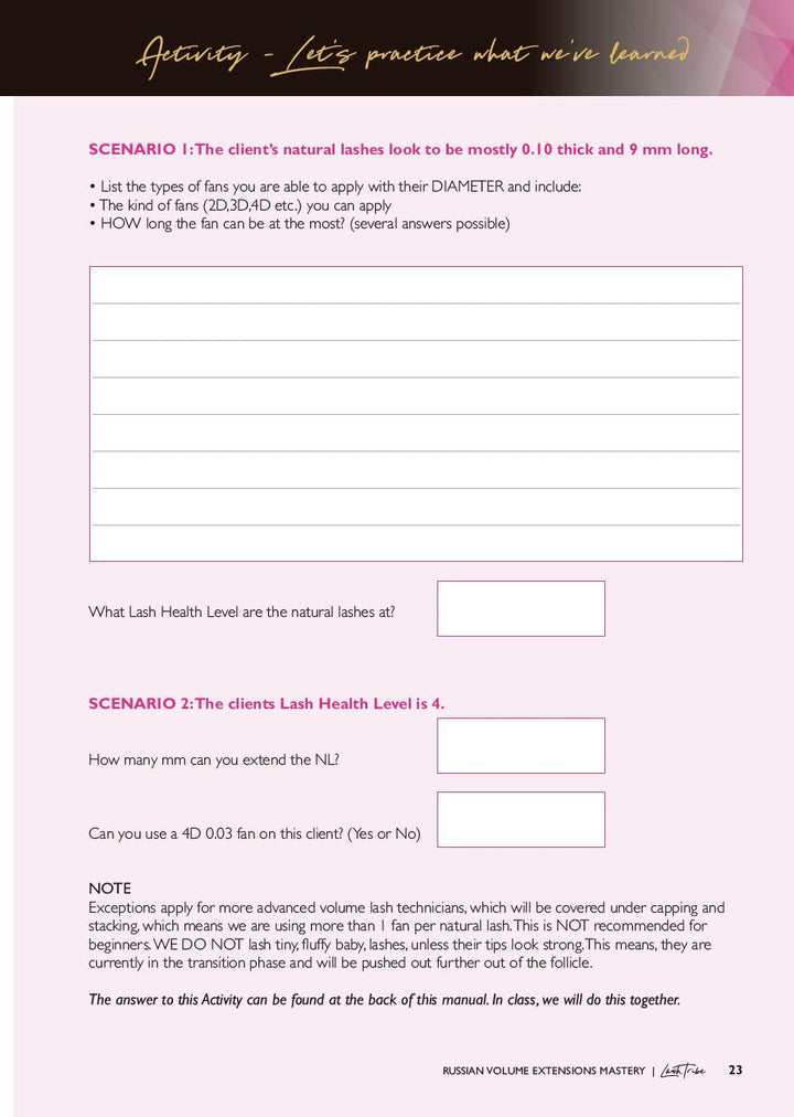 a Russian Volume Eyelash Extensions Manual (E-book) with a Lash Tribe pink background.