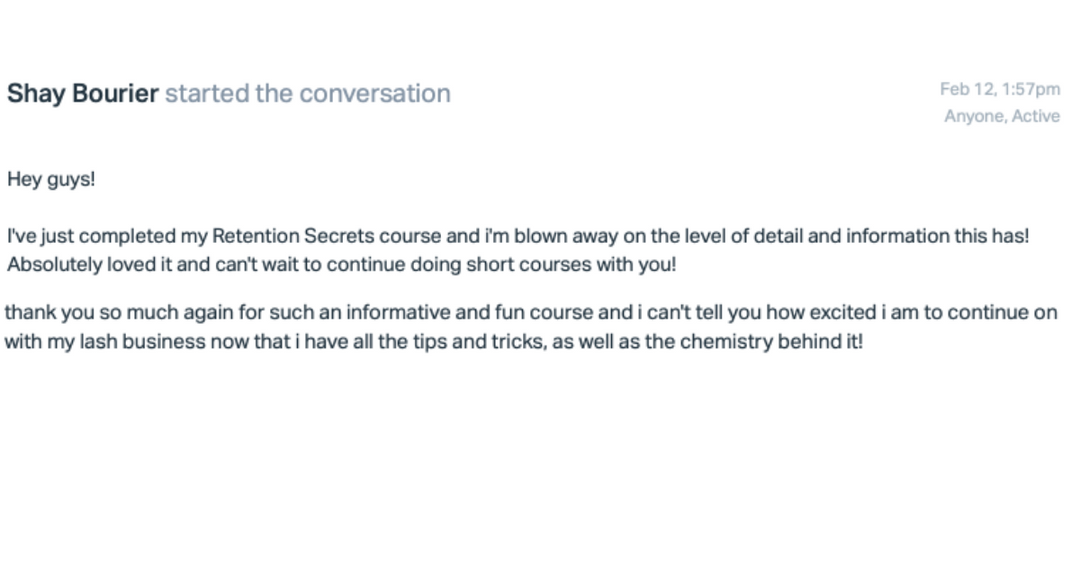 A text message discussing the Lash Retention Online Course | NALA accredited | Lash Tribe and mentioning the Lash Tribe.
