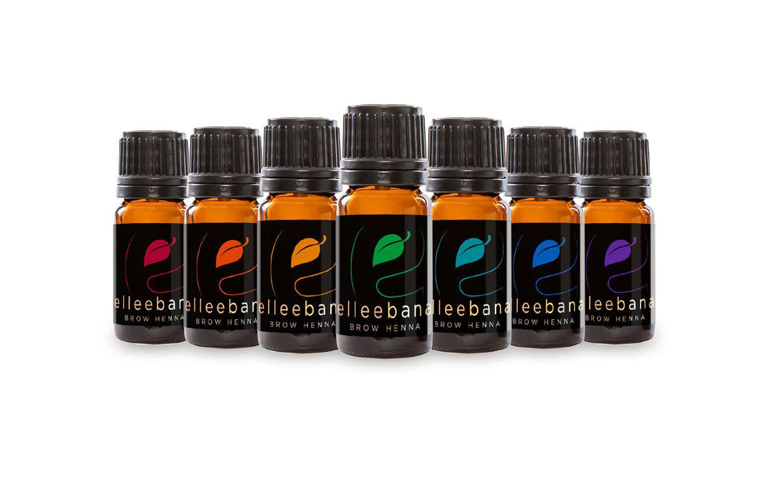 five bottles of Elleebana Brow Henna on a white background.