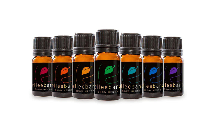 five bottles of Elleebana Brow Henna on a white background.