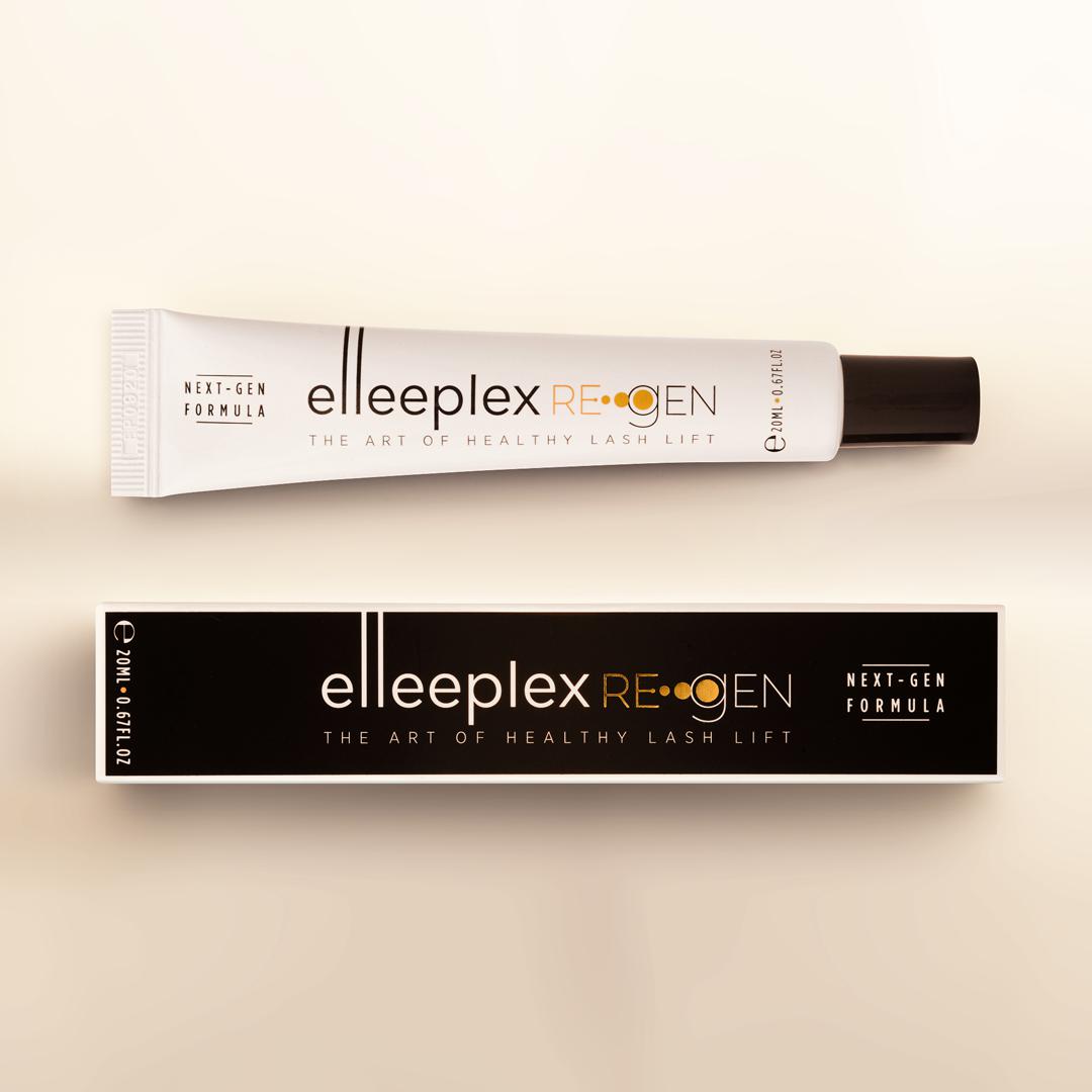A tube of Elleeplex Re-GEN Lash &amp; Brow Protection System by Elleebana on a white background.