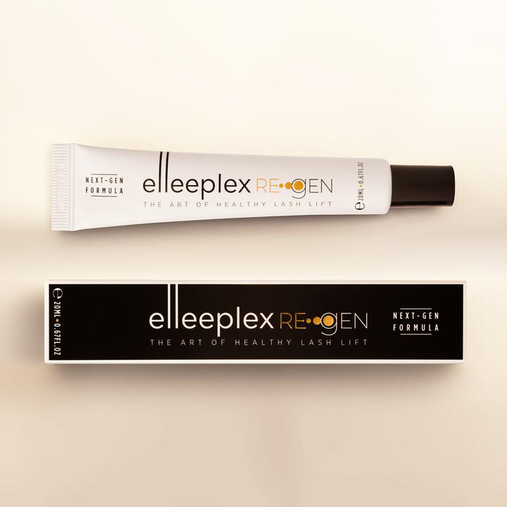 A tube of Elleeplex Re-GEN Lash &amp; Brow Protection System by Elleebana on a white background.
