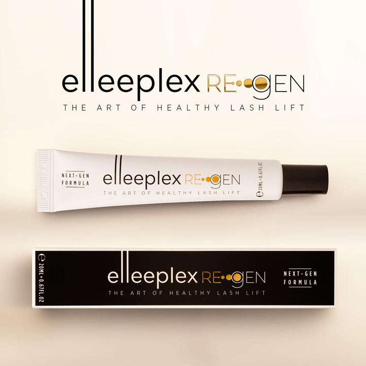 A tube of Elleeplex Re-GEN Lash &amp; Brow Protection System by Elleebana on a white background.