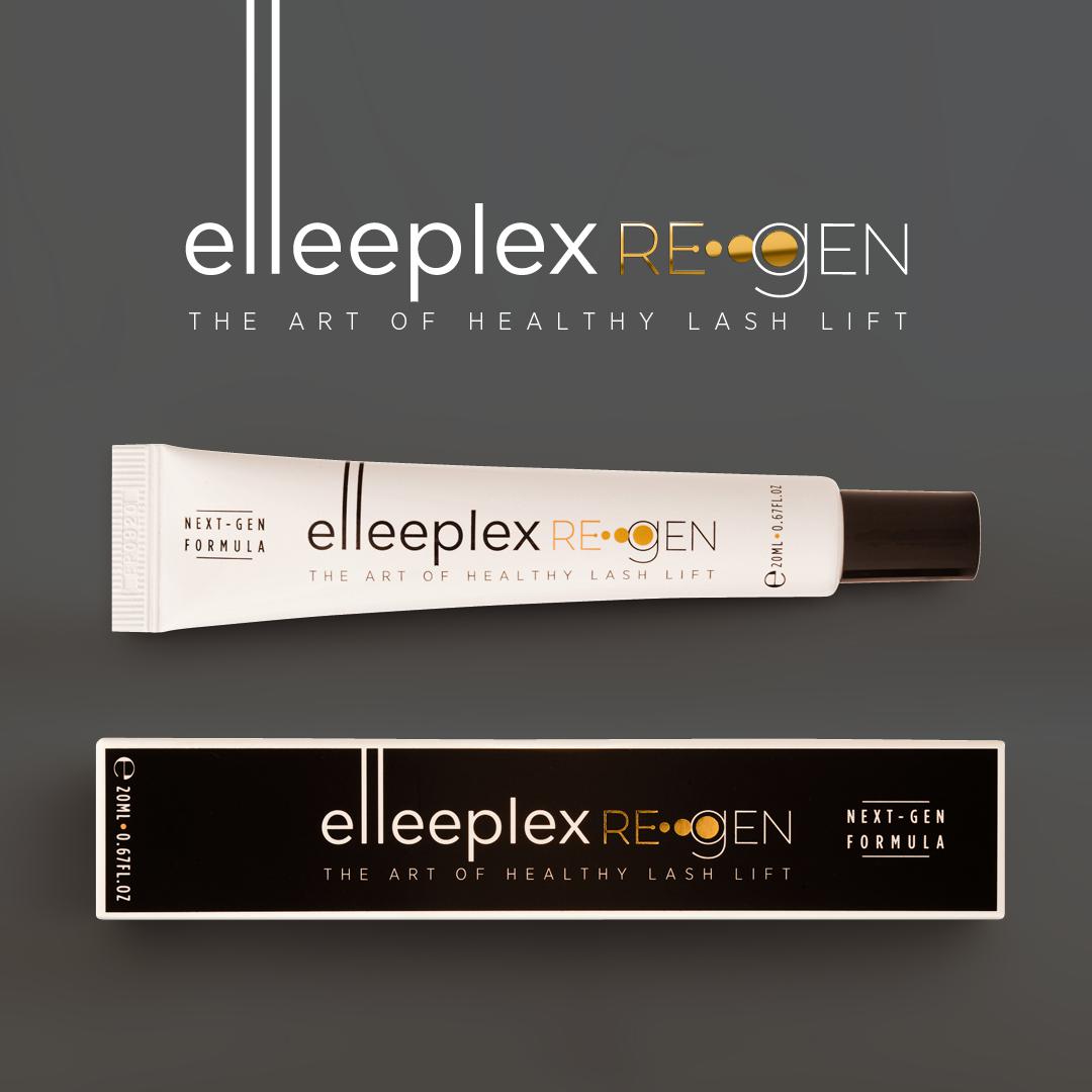 A tube of Elleeplex Re-GEN Lash &amp; Brow Protection System by Elleebana on a white background.