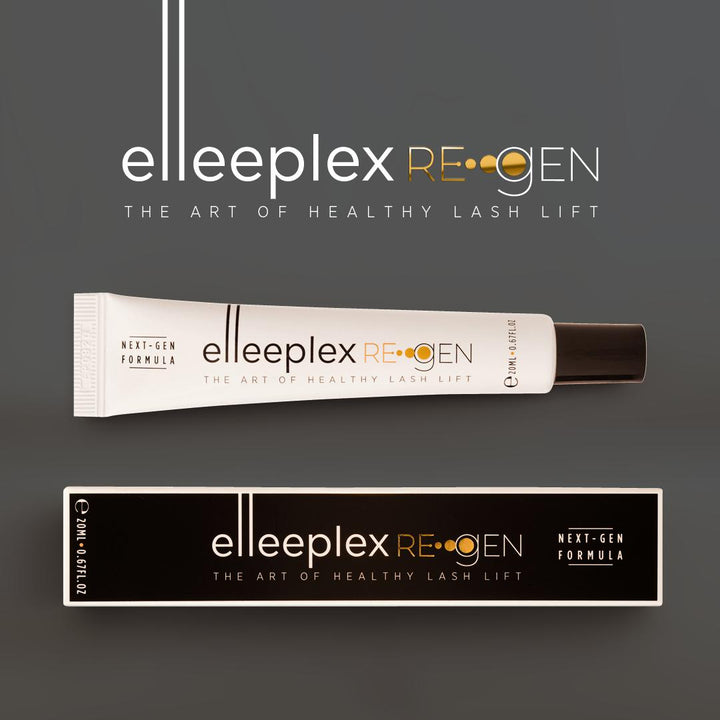 A tube of Elleeplex Re-GEN Lash &amp; Brow Protection System by Elleebana on a white background.