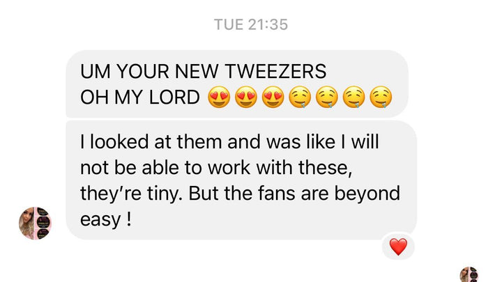 a group of people texting each other about their new Nano Fibre Tip | Volume Tweezers- Black Beauty 1 from Lash Tribe.