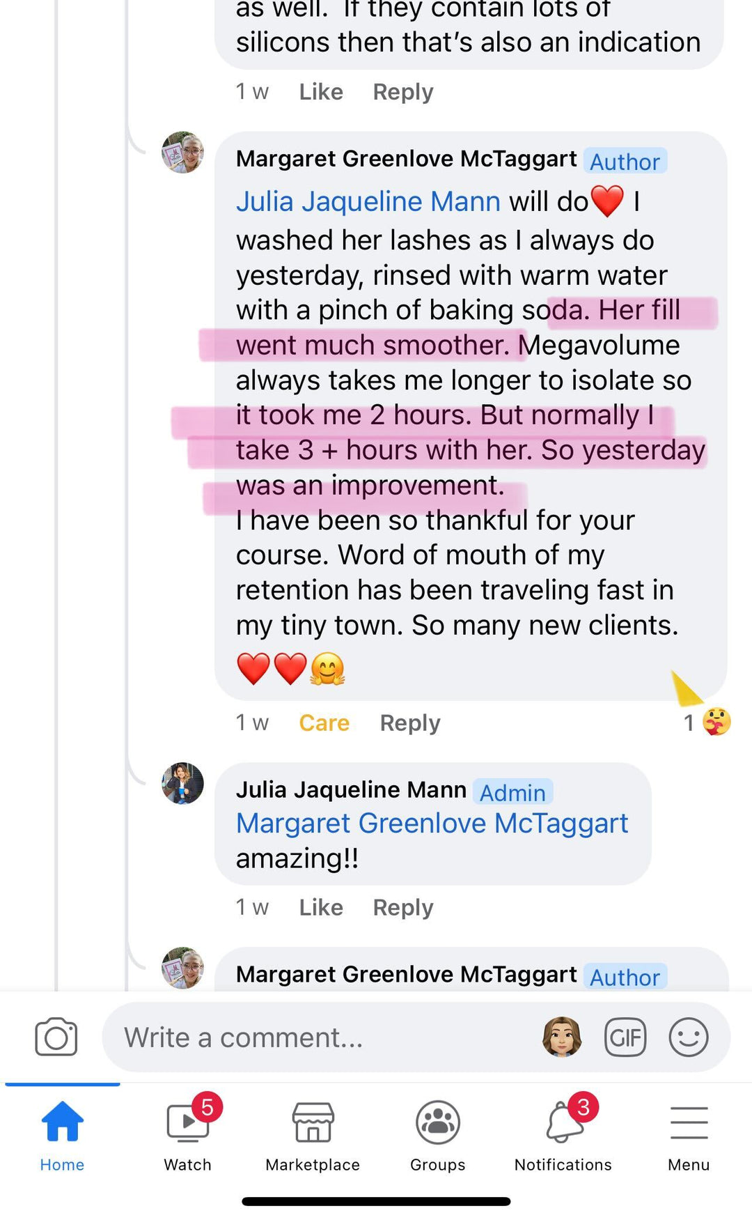 A screenshot of a text message between two people discussing the Retention Secrets learned from the Lash Retention Online Course offered by Lash Tribe.