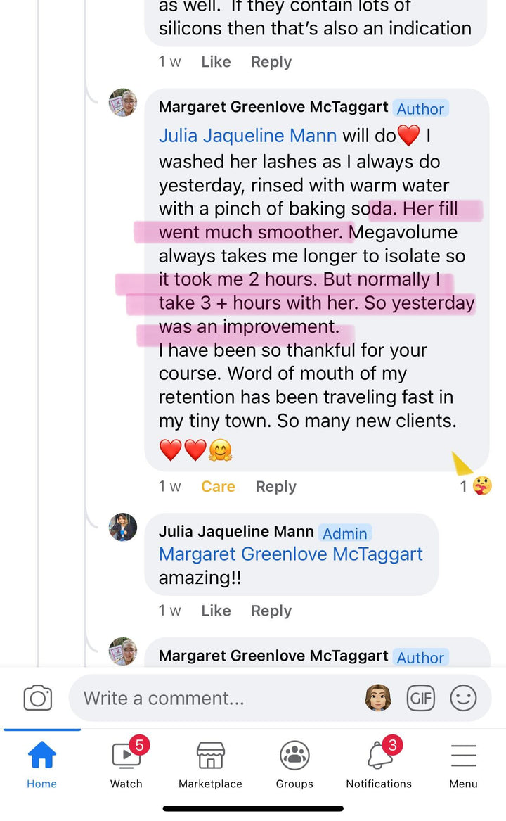 A screenshot of a text message between two people discussing the Retention Secrets learned from the Lash Retention Online Course offered by Lash Tribe.