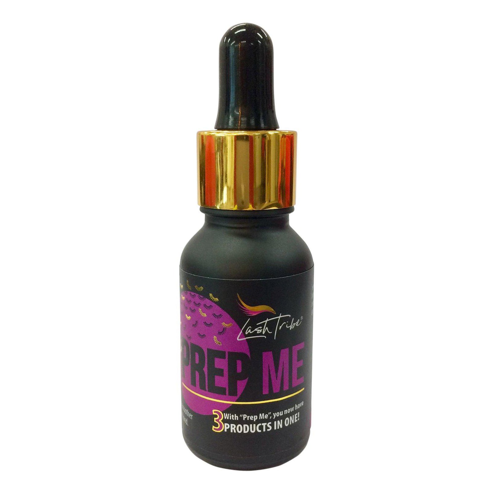 A bottle of Prep Me, the ultimate lash primer by Lash Tribe, adorned with a stylish gold cap.