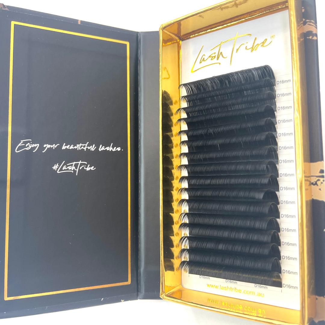 Open Lash Tribe 0.03 Volume Lashes | Premium Silk Lashes | Full Length Tray displayed in a case.