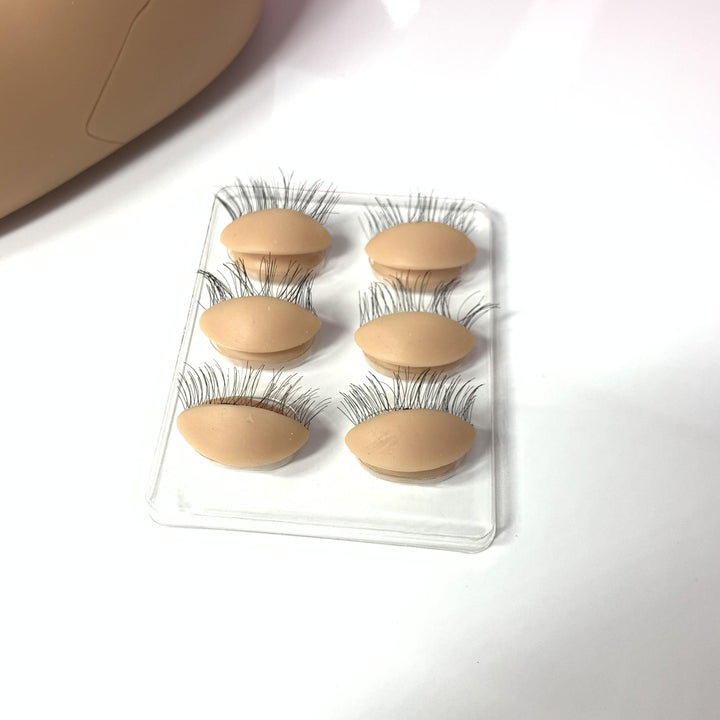 Artificial eyelash practice pads arranged in two rows of three on a transparent tray, placed on a white surface, perfect for honing your lash application skills. Enhance your experience by pairing them with the Lash Tribe Mannequin Practice Head featuring interchangeable eyelids.